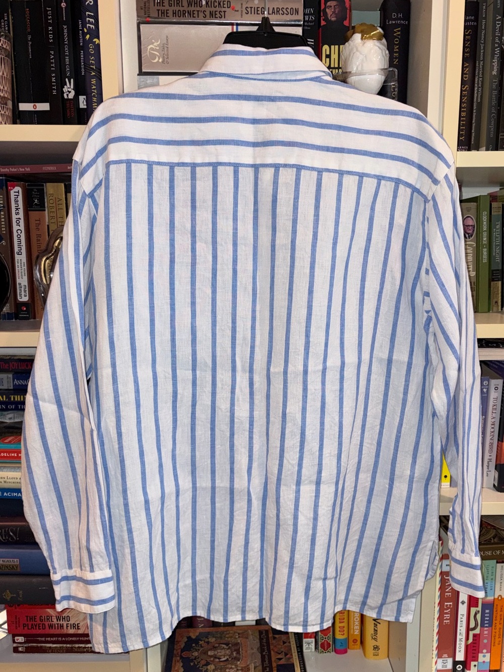 J. Jill Love Linen Blue White Striped Button Down Shirt - Picture 4 of 6